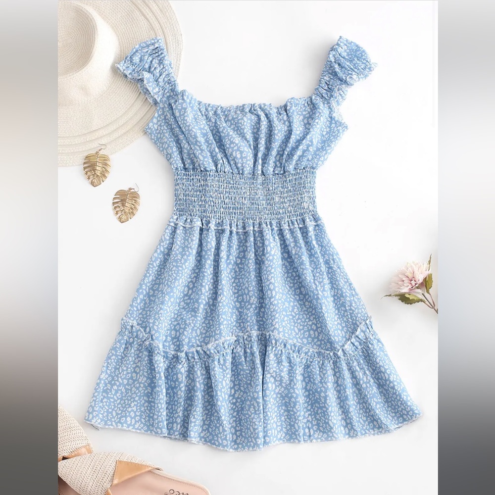 Smocked Printed Sleeveless A Line Dress - Light Blue Xs